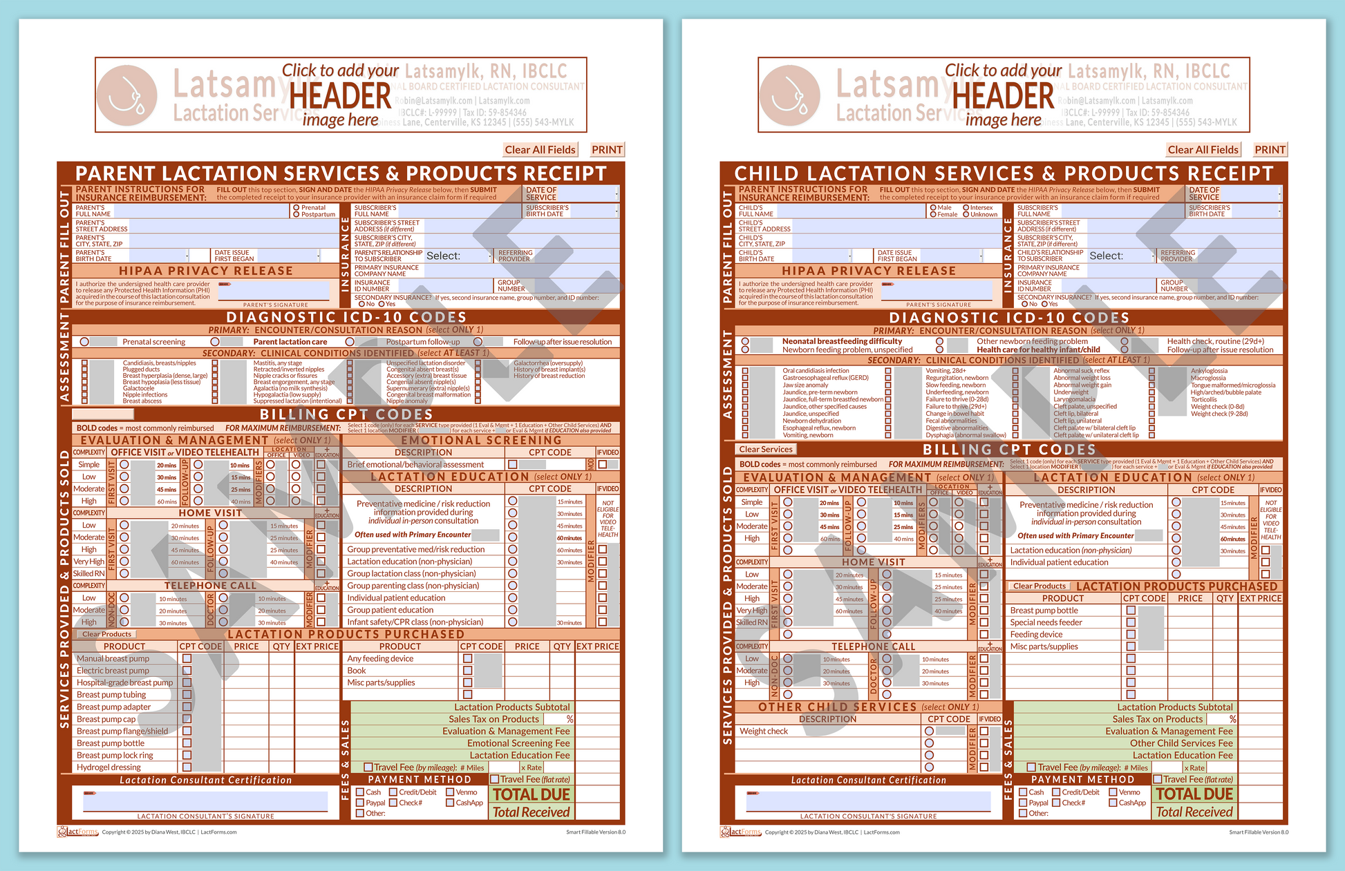 LactForms Superbills Package V8.0 SmartFillable HeaderBox Orange-Redacted sample-After editing header