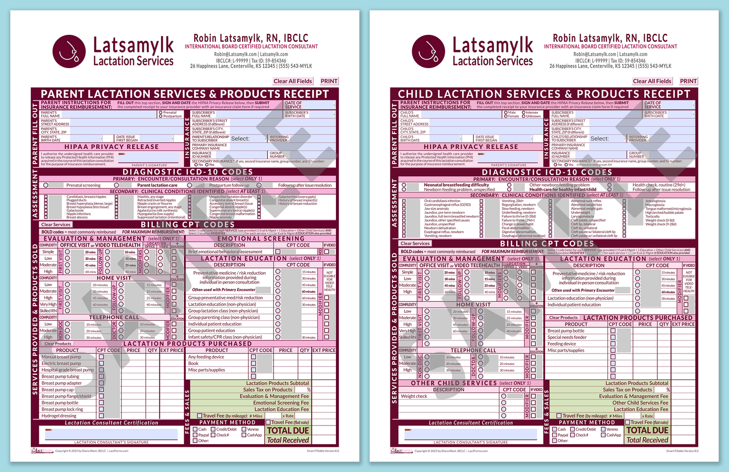 LactForms Superbills Package V8.0 SmartFillable HeaderBox Pink-Redacted sample-After editing header