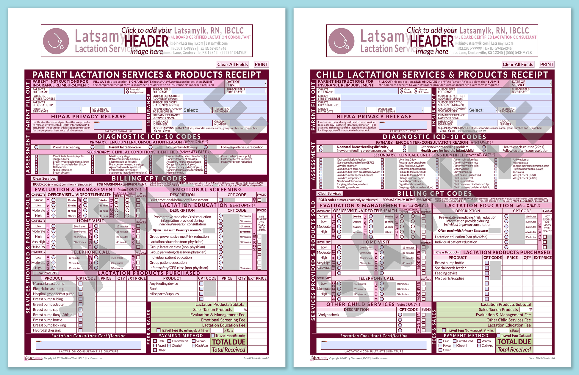 LactForms Superbills Package V8.0 SmartFillable HeaderBox Pink-Redacted sample-Before editing header