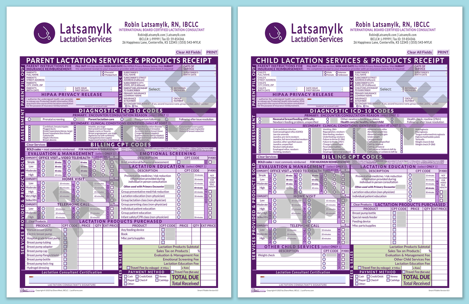 LactForms Superbills Package V8.0 SmartFillable HeaderBox Purple-Redacted sample-After editing header