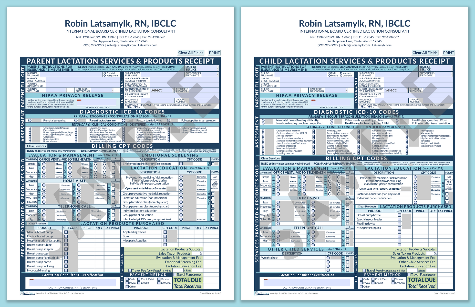 LactForms Superbills Package V8.0 SmartFillable HeaderCenter Blue-Redacted sample-After editing header