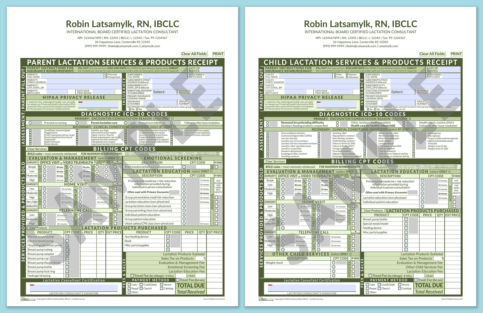 LactForms Superbills Package V8.0 SmartFillable HeaderCenter Green-Redacted sample-Before editing header