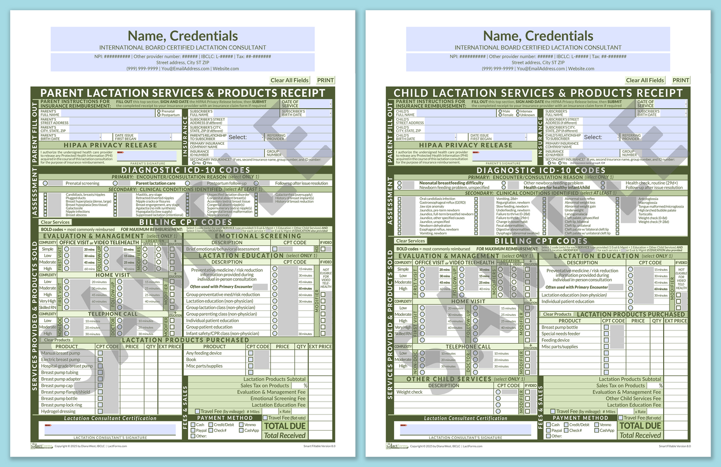 LactForms Superbills Package V8.0 SmartFillable HeaderCenter Green-Redacted sample-After editing header