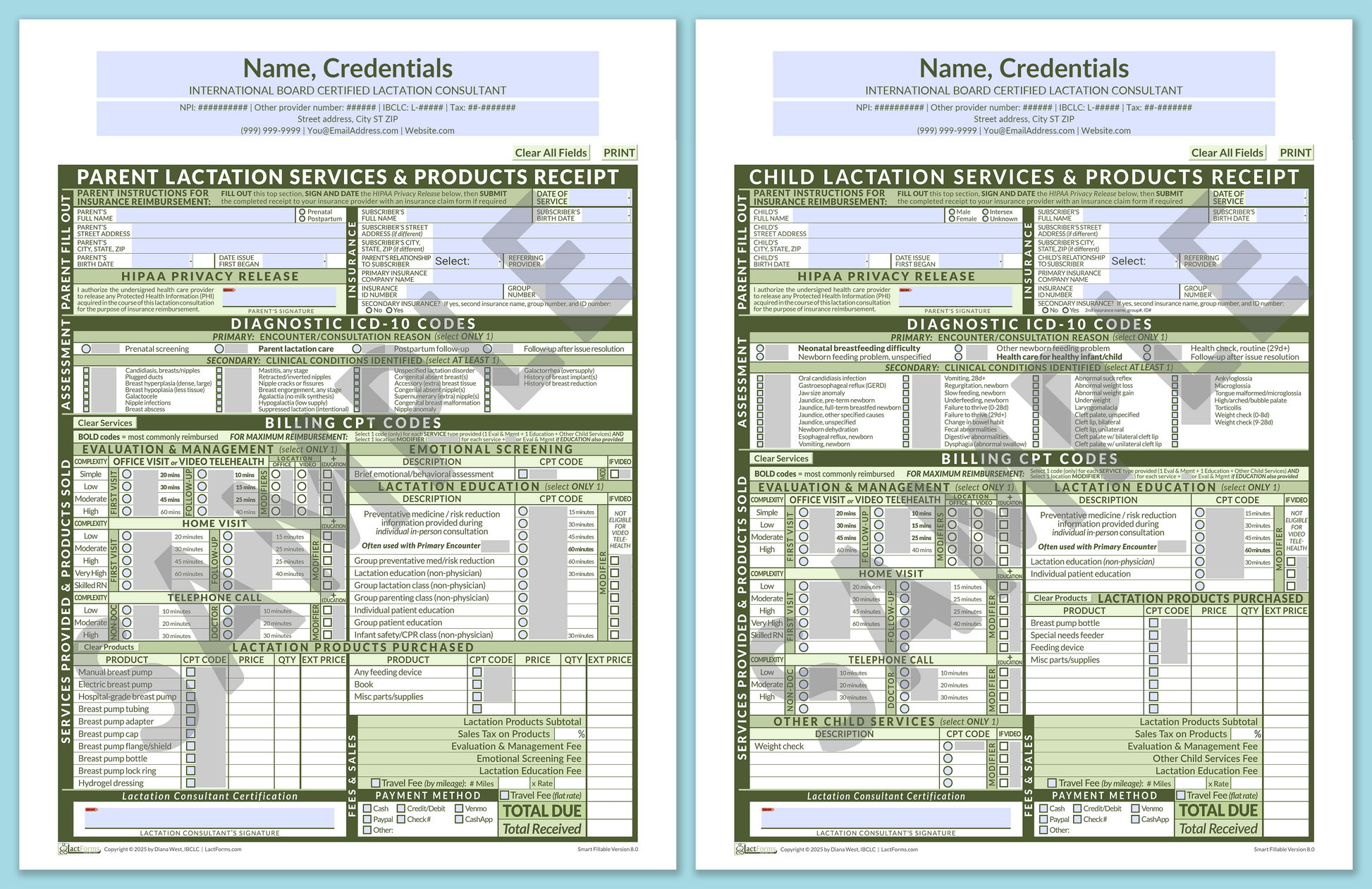 LactForms Superbills Package V8.0 SmartFillable HeaderCenter Green-Redacted sample-After editing header