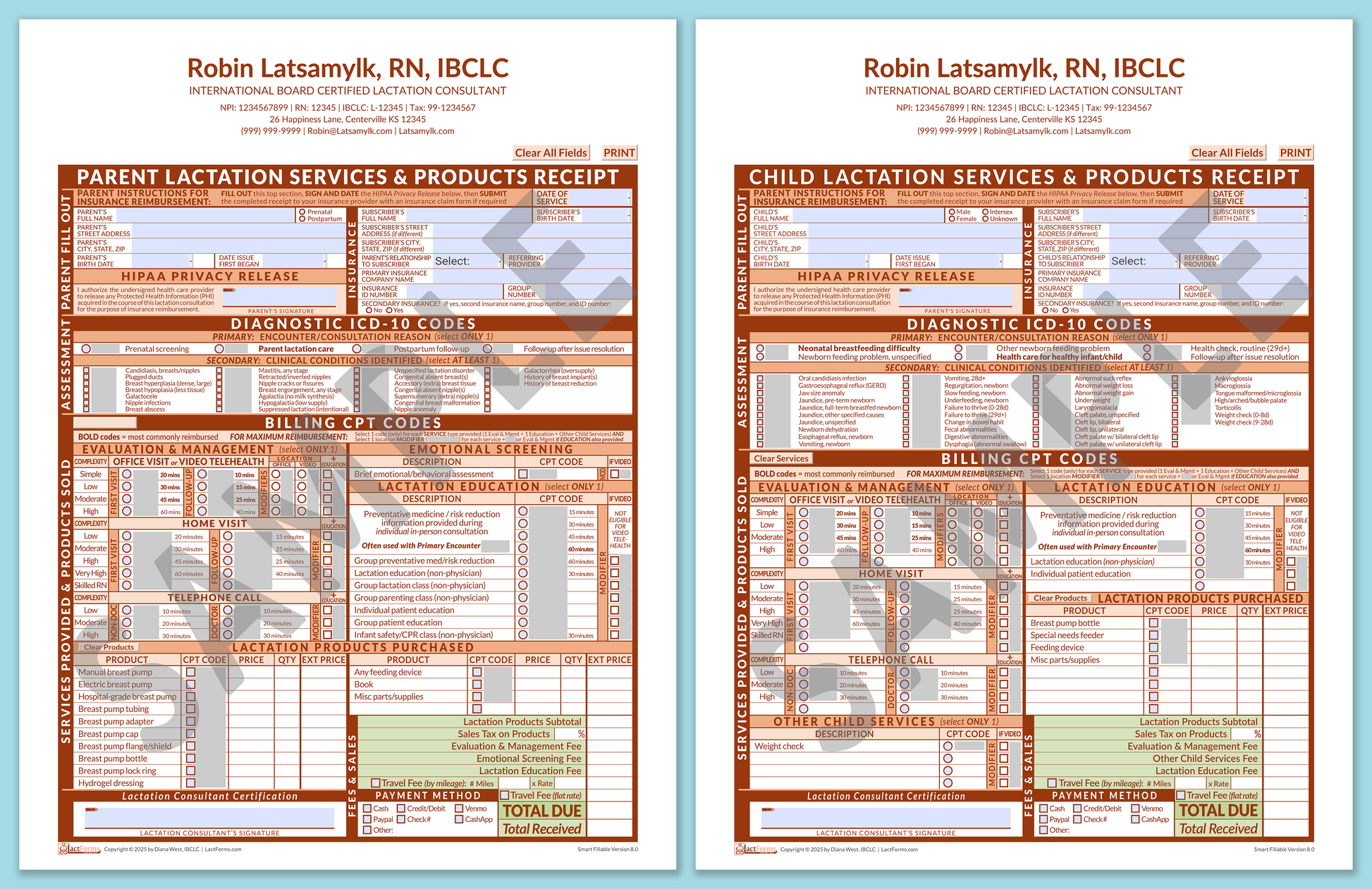 LactForms Superbills Package V8.0 SmartFillable HeaderCenter Orange-Redacted sample-After editing header