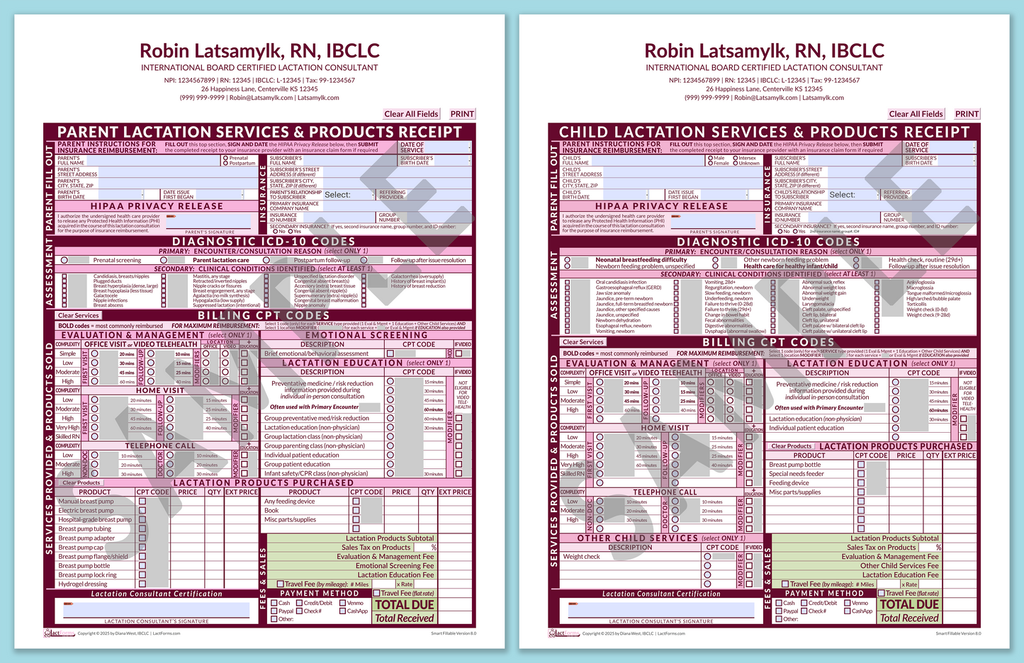 LactForms Superbills Package V8.0 SmartFillable HeaderCenter Pink-Redacted sample-After editing header