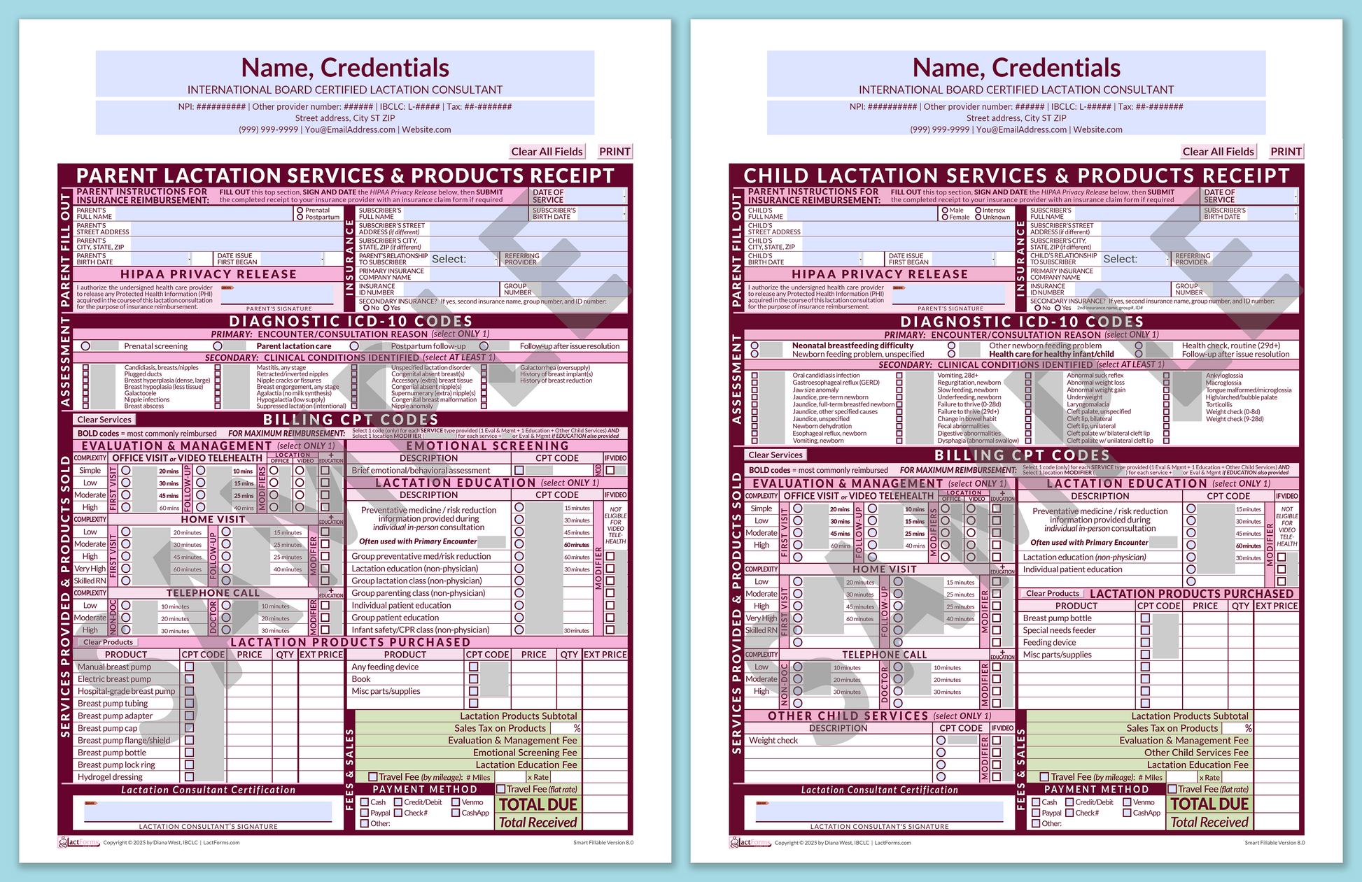 LactForms Superbills Package V8.0 SmartFillable HeaderCenter Pink-Redacted sample-Before editing header