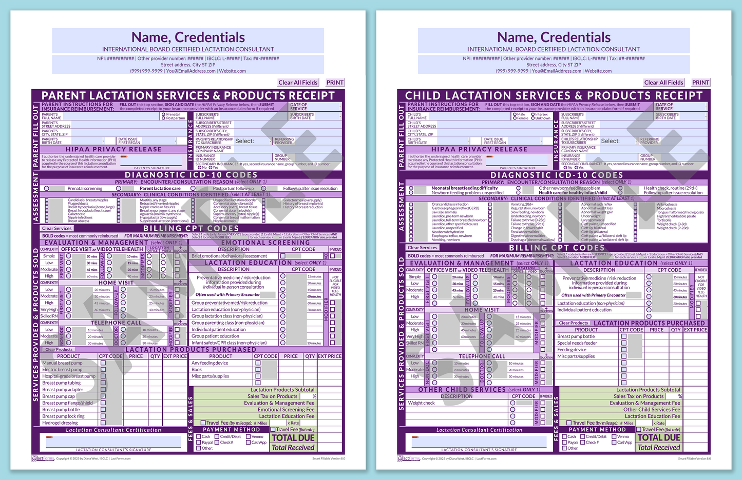 LactForms Superbills Package V8.0 SmartFillable HeaderCenter Purple-Redacted sample-Before editing header