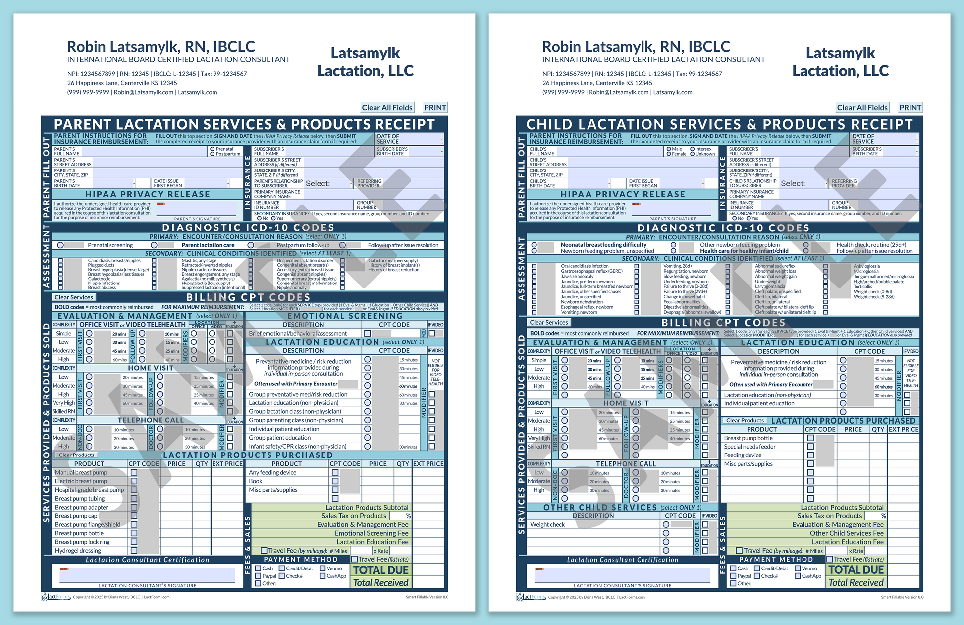 LactForms Superbills Package V8.0 SmartFillable HeaderCompany Blue-Redacted sample-After editing header