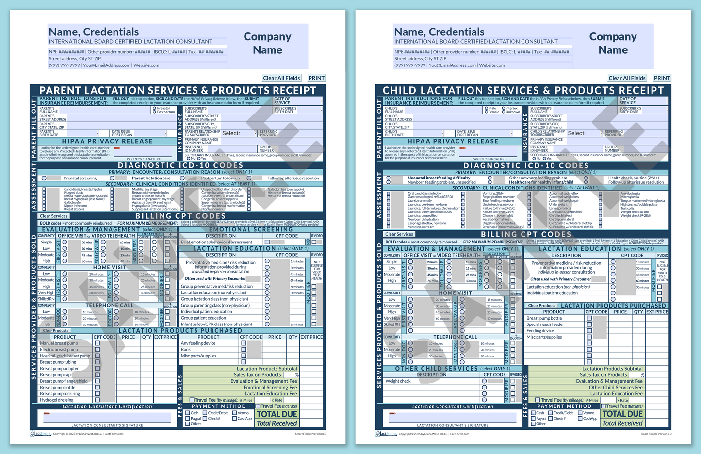 LactForms Superbills Package V8.0 SmartFillable HeaderCompany Blue-Redacted sample-Before editing header