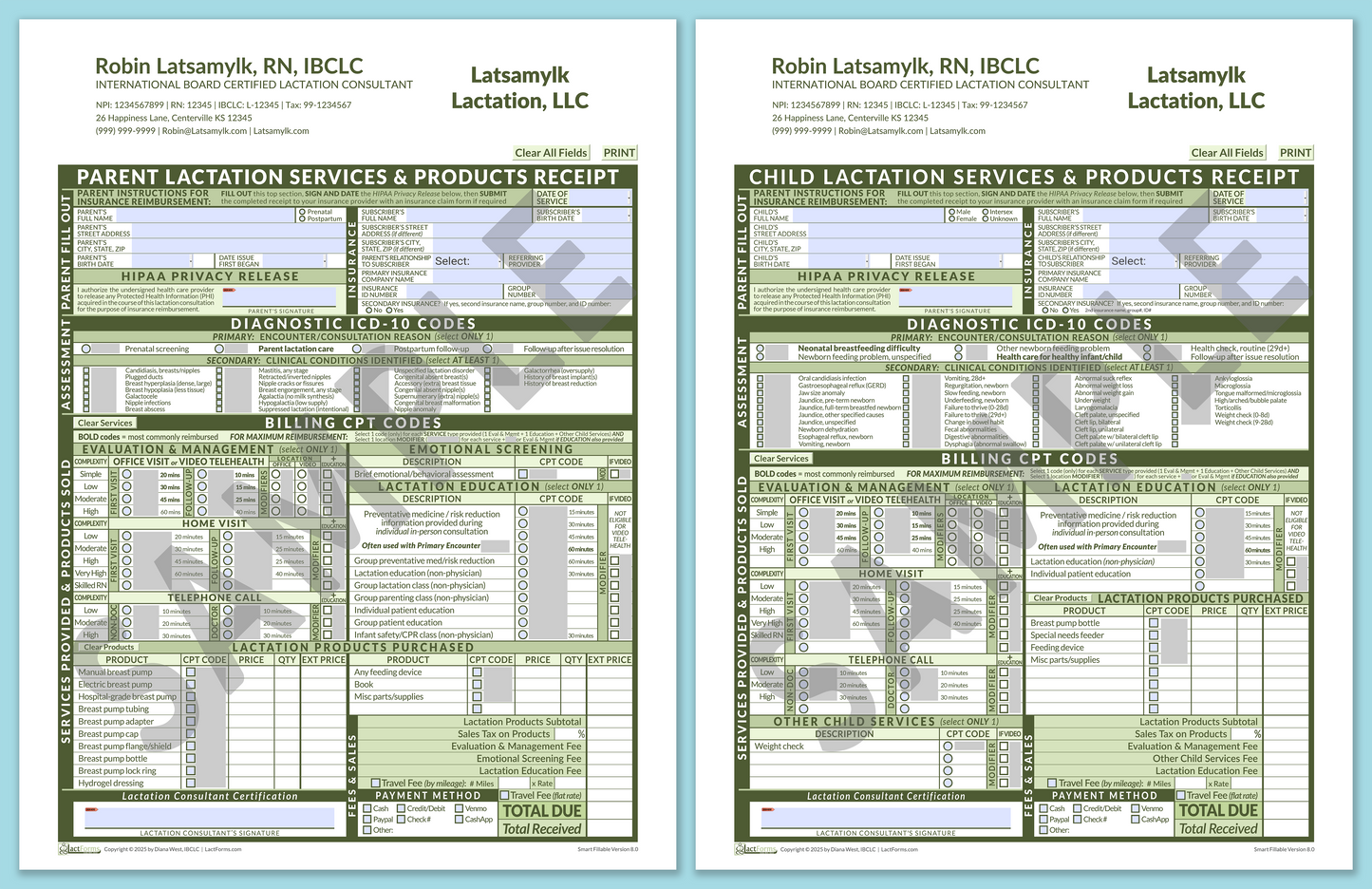 LactForms Superbills Package V8.0 SmartFillable HeaderCompany Green-Redacted sample-After editing header