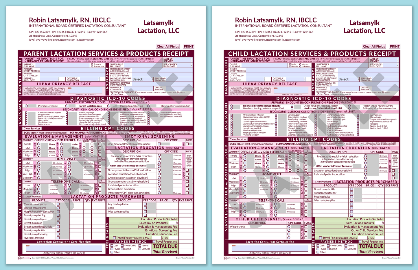 LactForms Superbills Package V8.0 SmartFillable HeaderCompany Pink-Redacted sample-After editing header