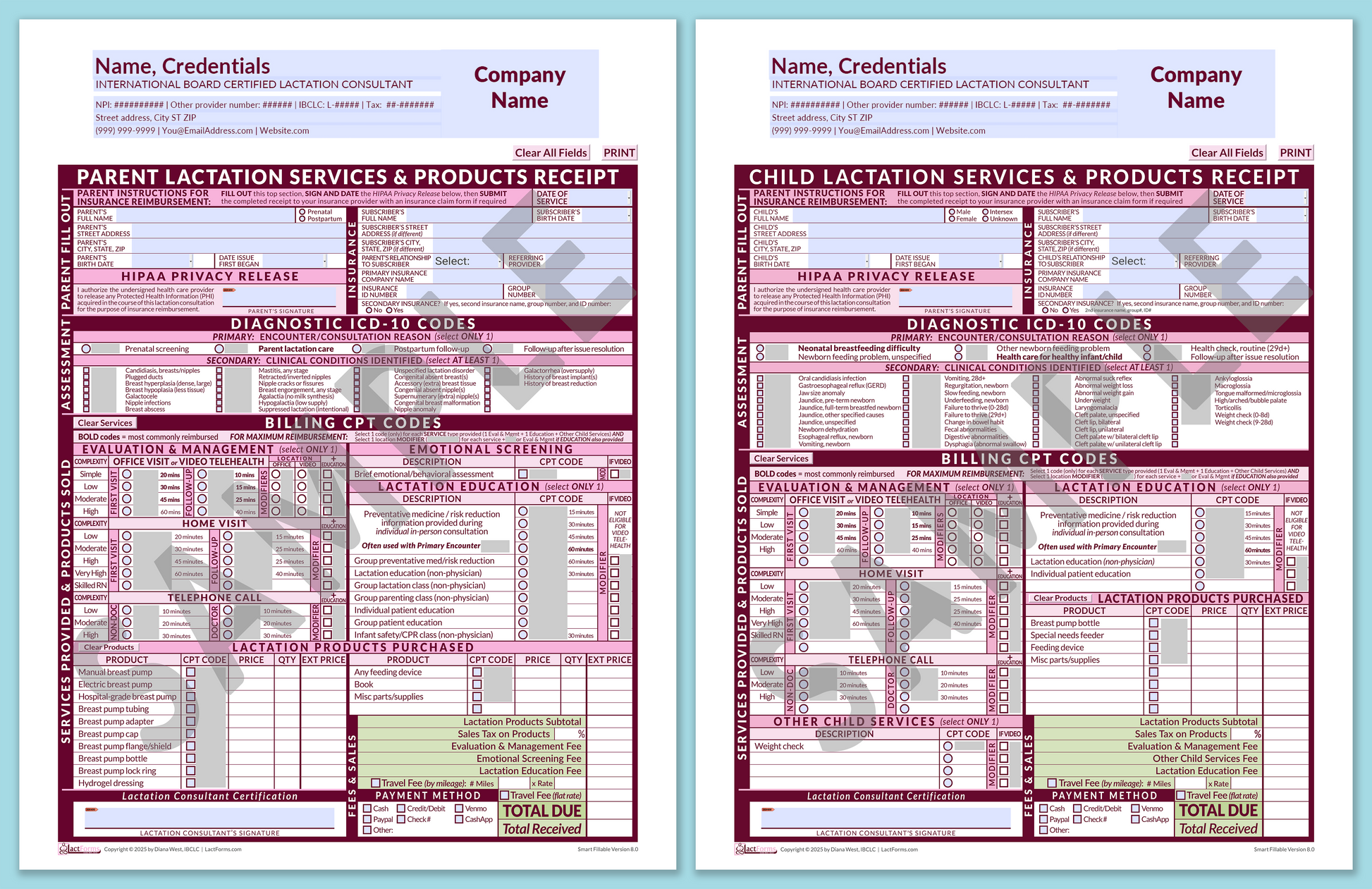 LactForms Superbills Package V8.0 SmartFillable HeaderCompany Pink-Redacted sample-Before editing header