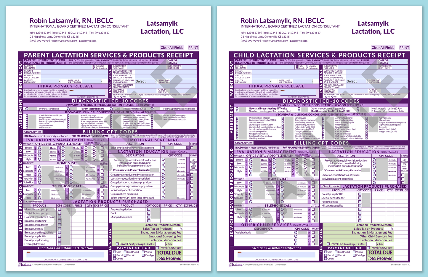 LactForms Superbills Package V8.0 SmartFillable HeaderCompany Purple-Redacted sample-After editing header