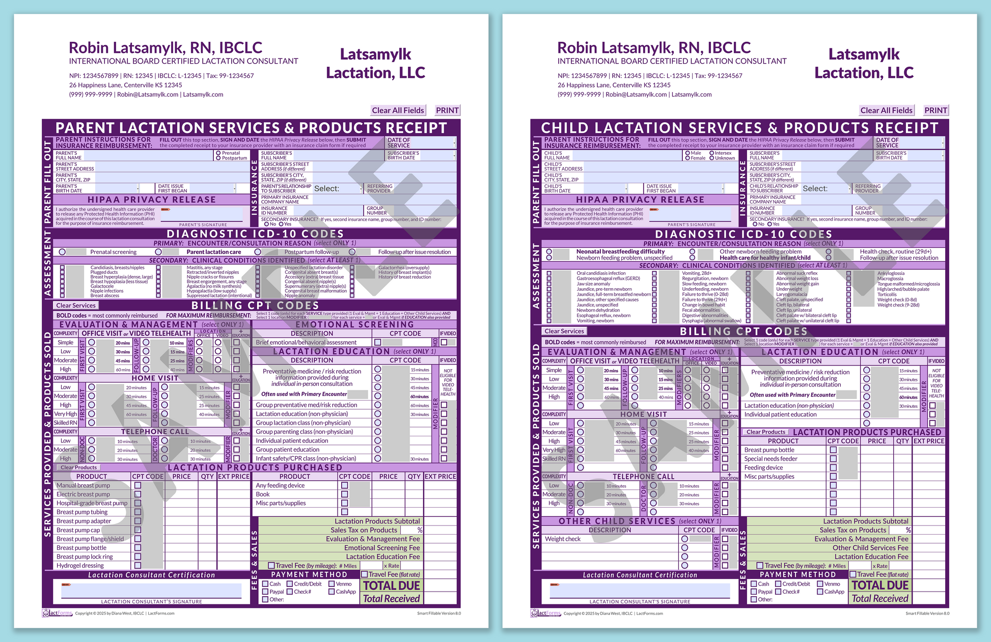 LactForms Superbills Package V8.0 SmartFillable HeaderCompany Purple-Redacted sample-After editing header