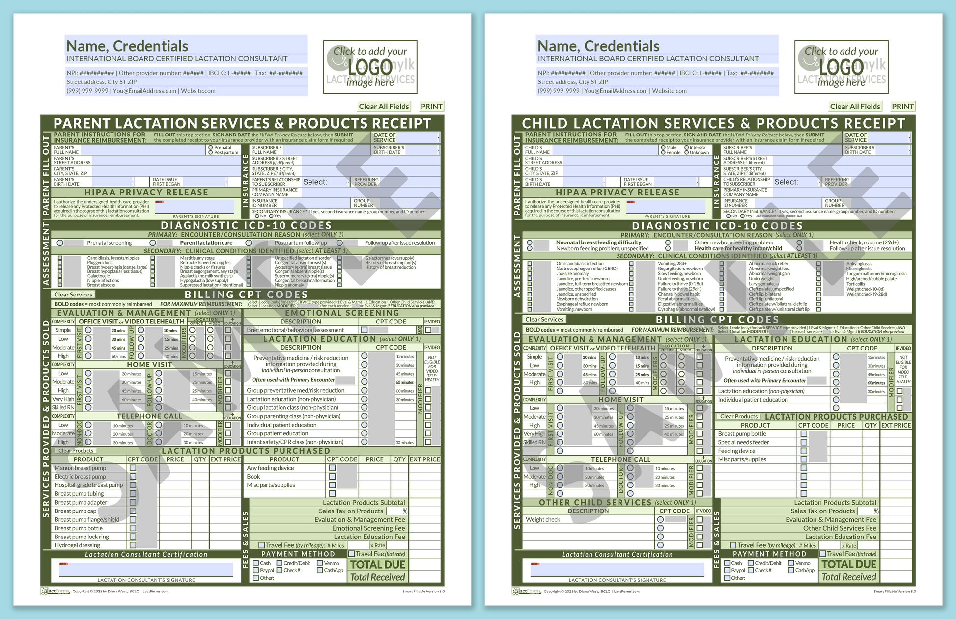 LactForms Superbills Package V8.0 SmartFillable HeaderLogo Green-Redacted sample-Before editing header