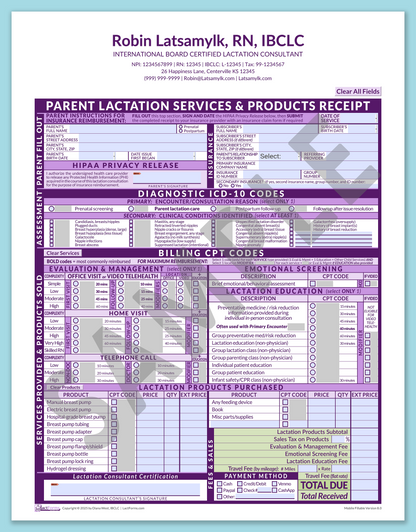 LactForms Parent Superbill V8.0 MobileFillable HeaderCenter Purple-Redacted sample-After editing header