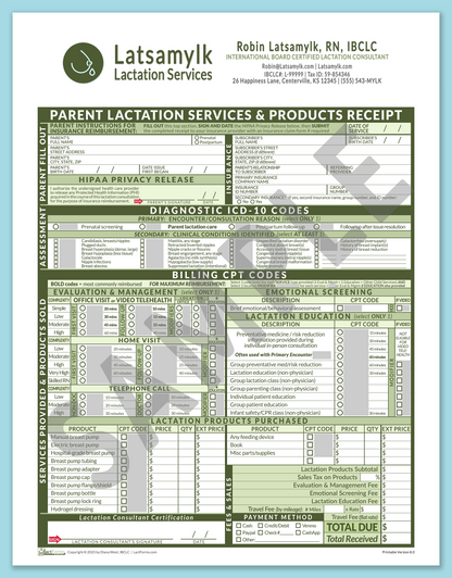 LactForms Parent Superbill V8.0 OfficePrintable HeaderBox Green-Redacted sample-After editing header