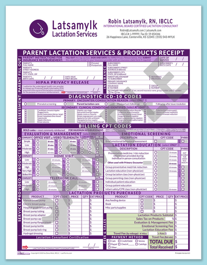 LactForms Parent Superbill V8.0 OfficePrintable HeaderBox Purple-Redacted sample-After editing header