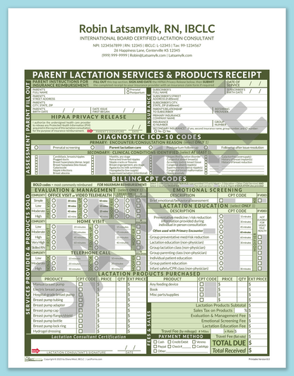 LactForms Parent Superbill V8.0 OfficePrintable HeaderCenter Green-Redacted sample-After editing header