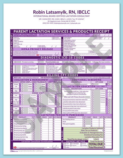 LactForms Parent Superbill V8.0 OfficePrintable HeaderCenter Purple-Redacted sample-After editing header