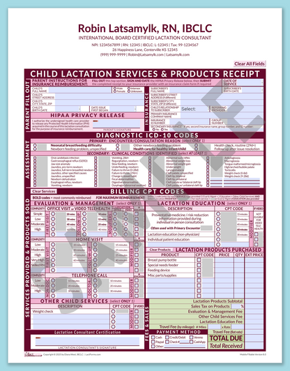 LactForms Child Superbill V8.0 MobileFillable HeaderCenter Pink-Redacted sample-After editing header