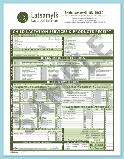 LactForms Child Superbill V8.0 OfficePrintable HeaderBox Green-Redacted sample-After editing header