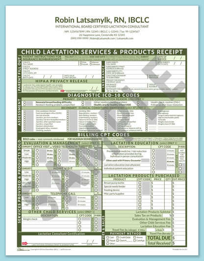 LactForms Child Superbill V8.0 OfficePrintable HeaderCenter Green-Redacted sample-After editing header