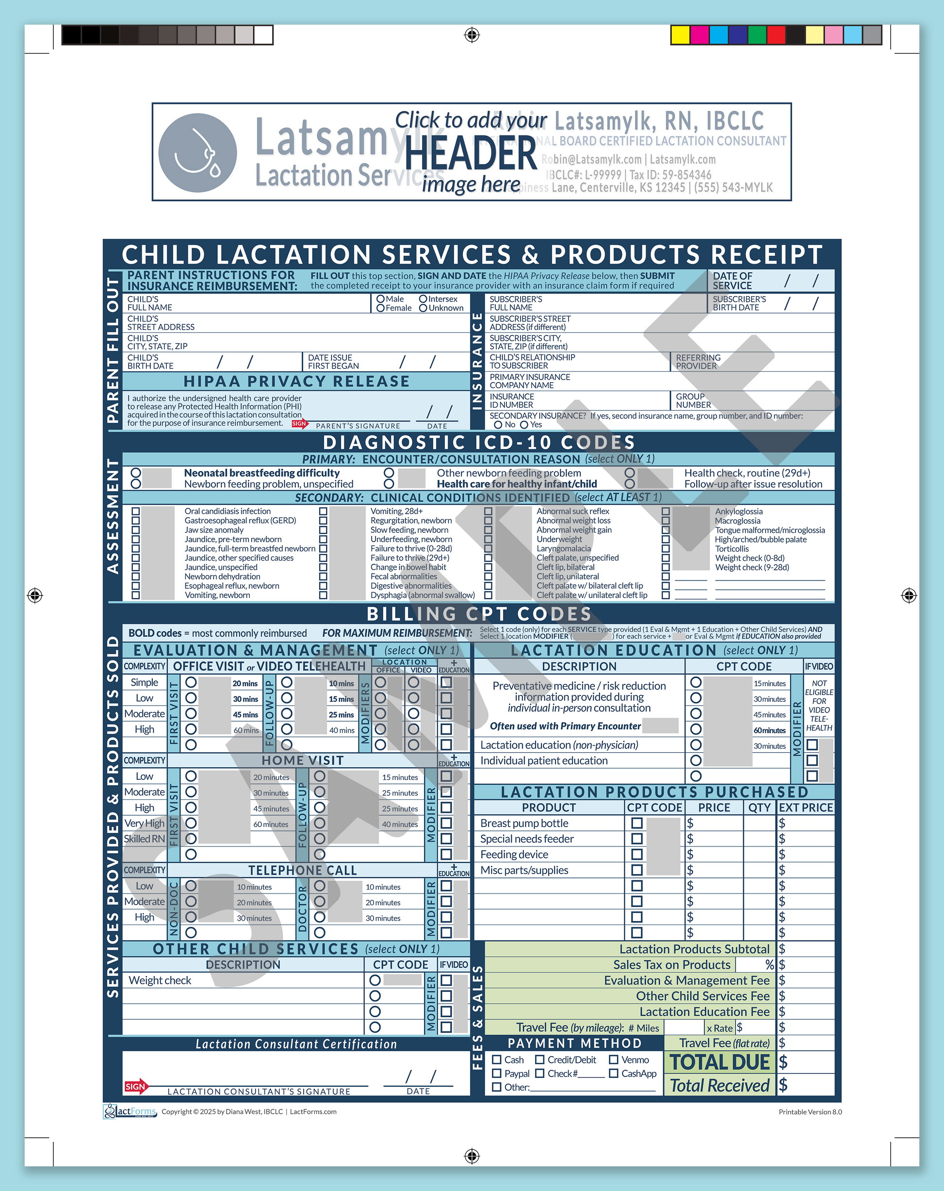 Child Superbill—ProPrintable, HeaderBox before editing, Blue, V8.0