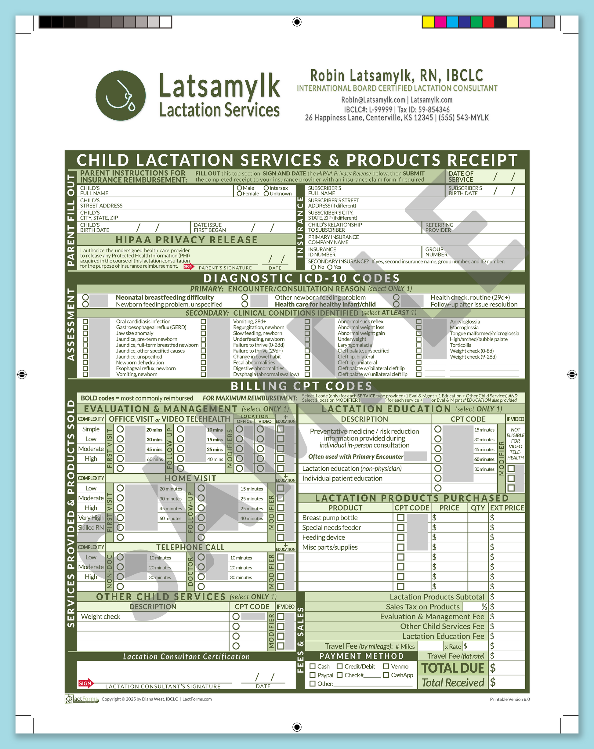 Child Superbill—ProPrintable, HeaderBox after editing, Green, V8.0