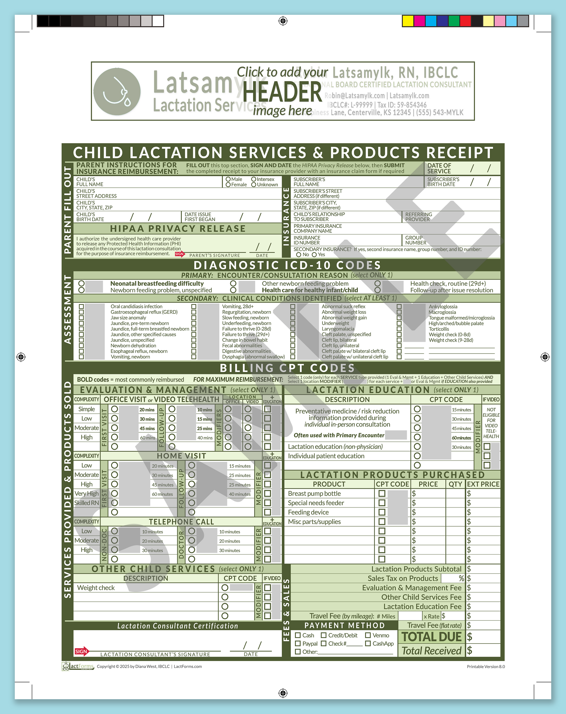 Child Superbill—ProPrintable, HeaderBox before editing, Green, V8.0
