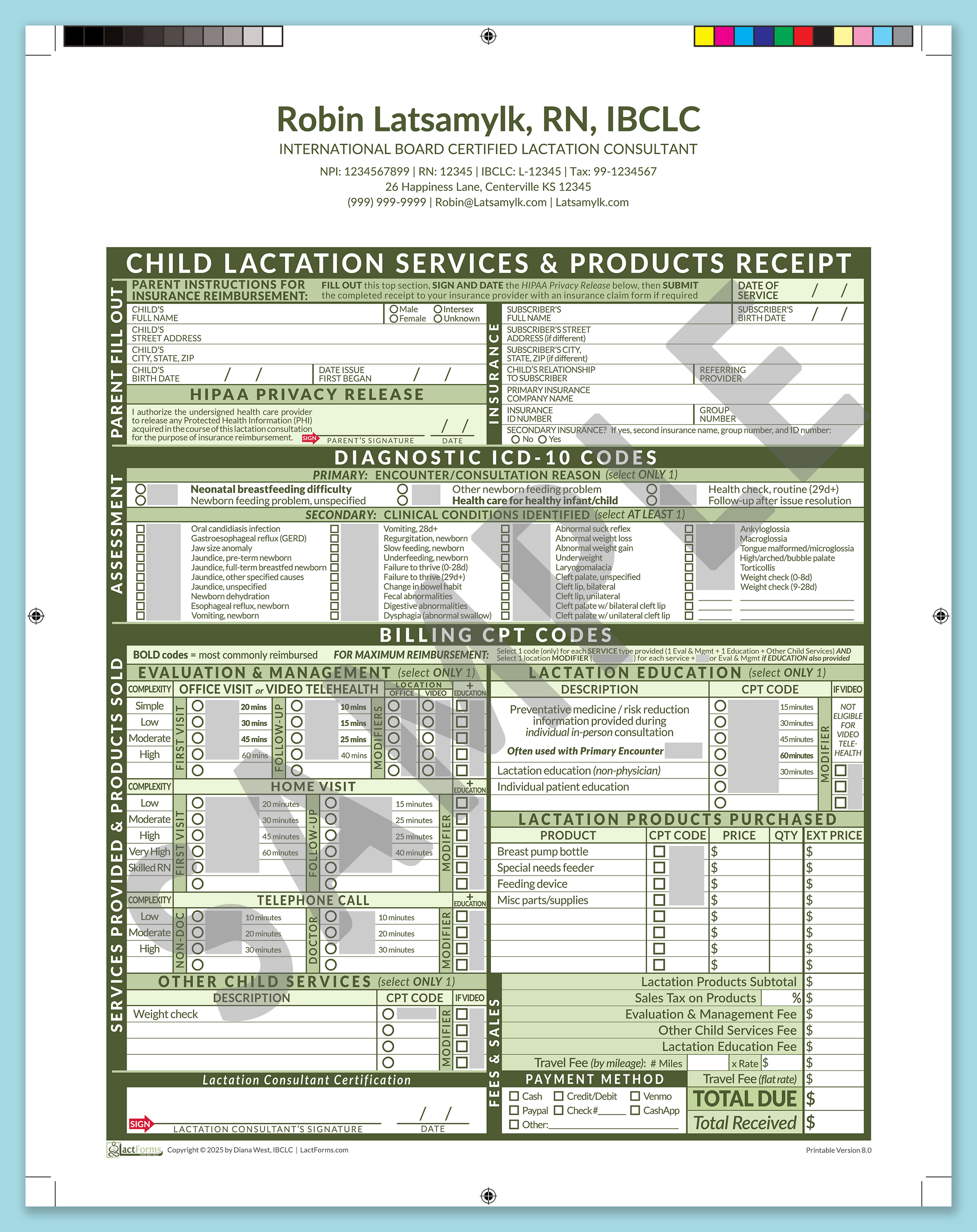 Child Superbill—ProPrintable, HeaderCenter after editing, Green, V8.0