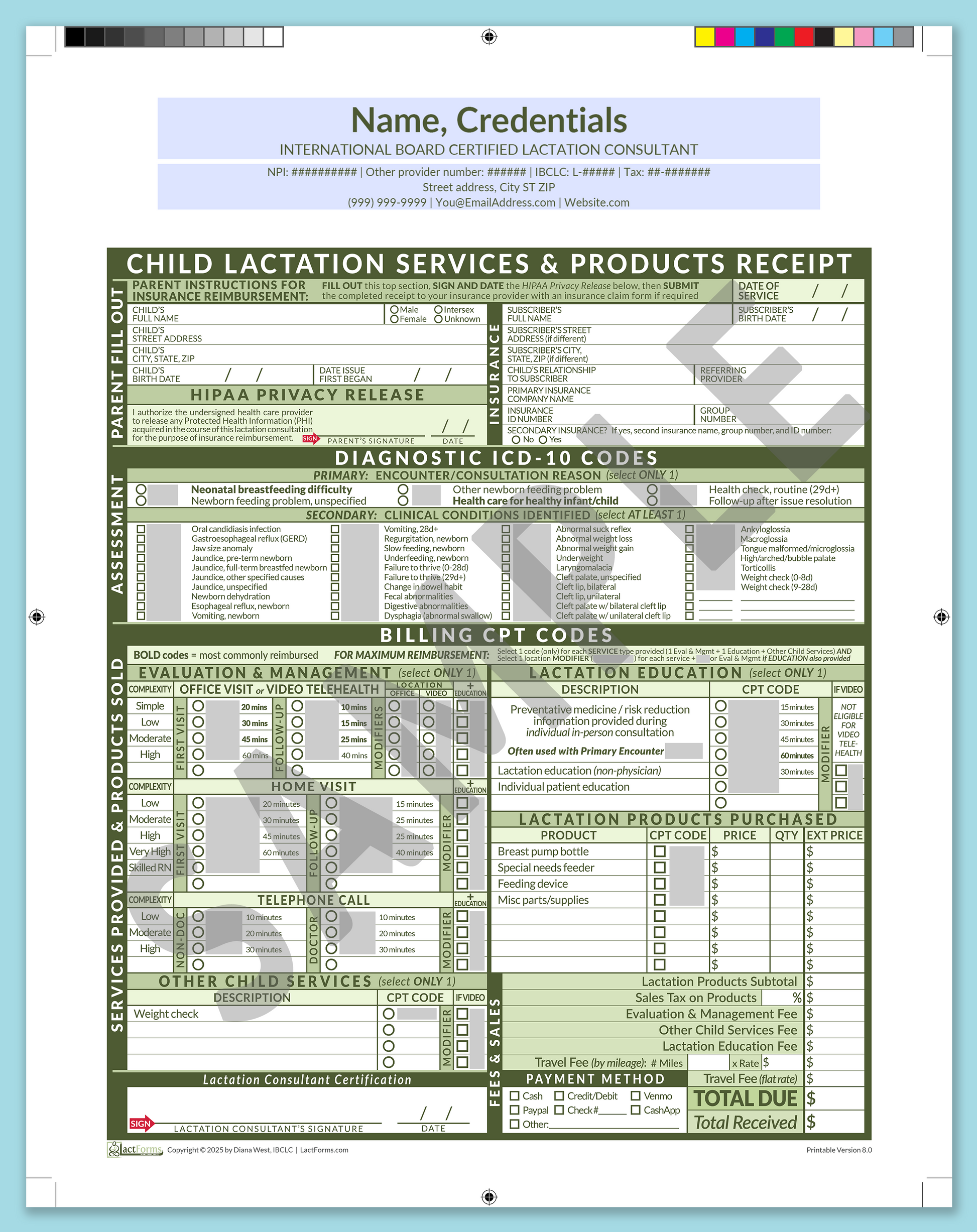 Child Superbill—ProPrintable, HeaderCenter before editing, Green, V8.0
