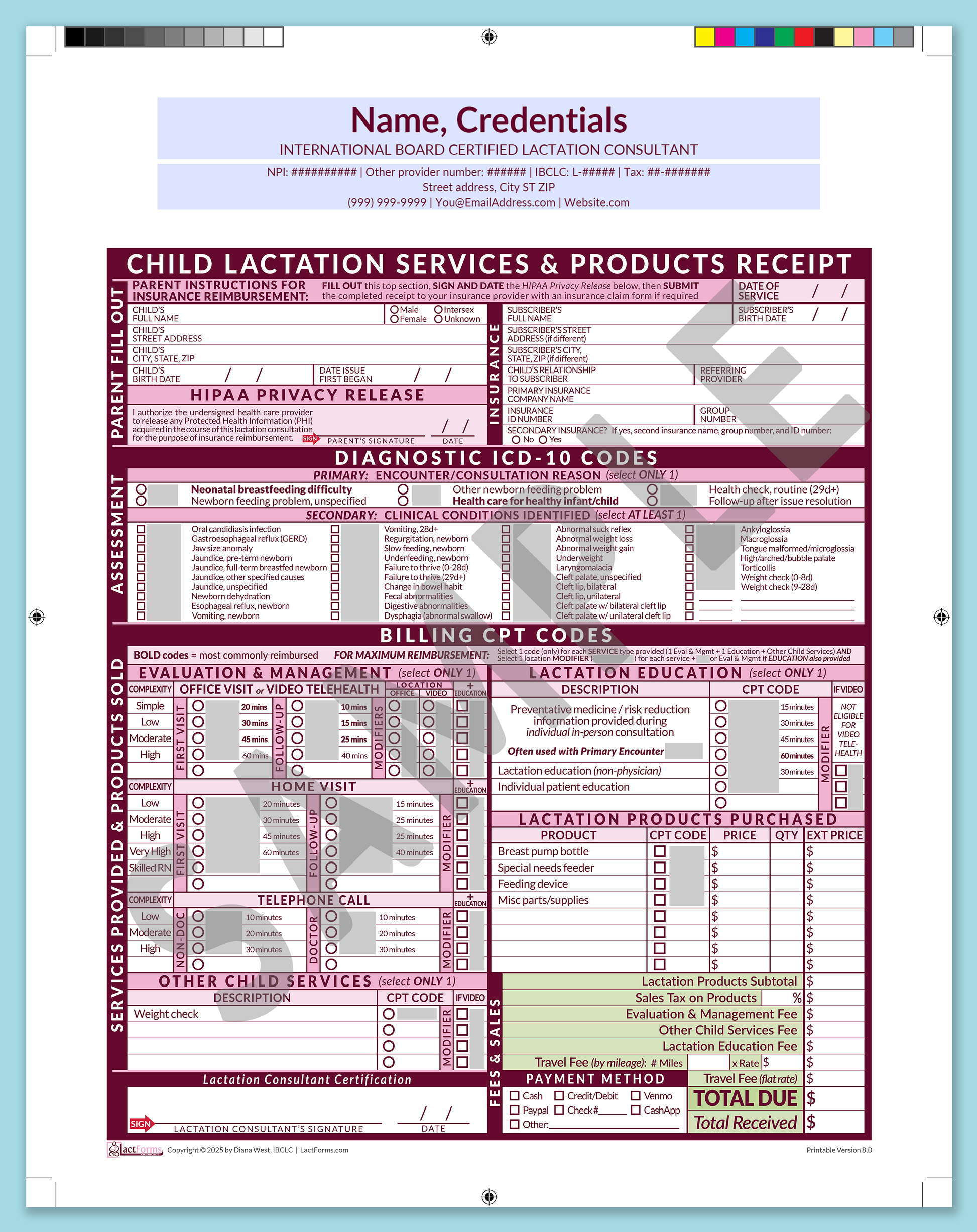 Child Superbill—ProPrintable, HeaderCenter before editing, Pink, V8.0