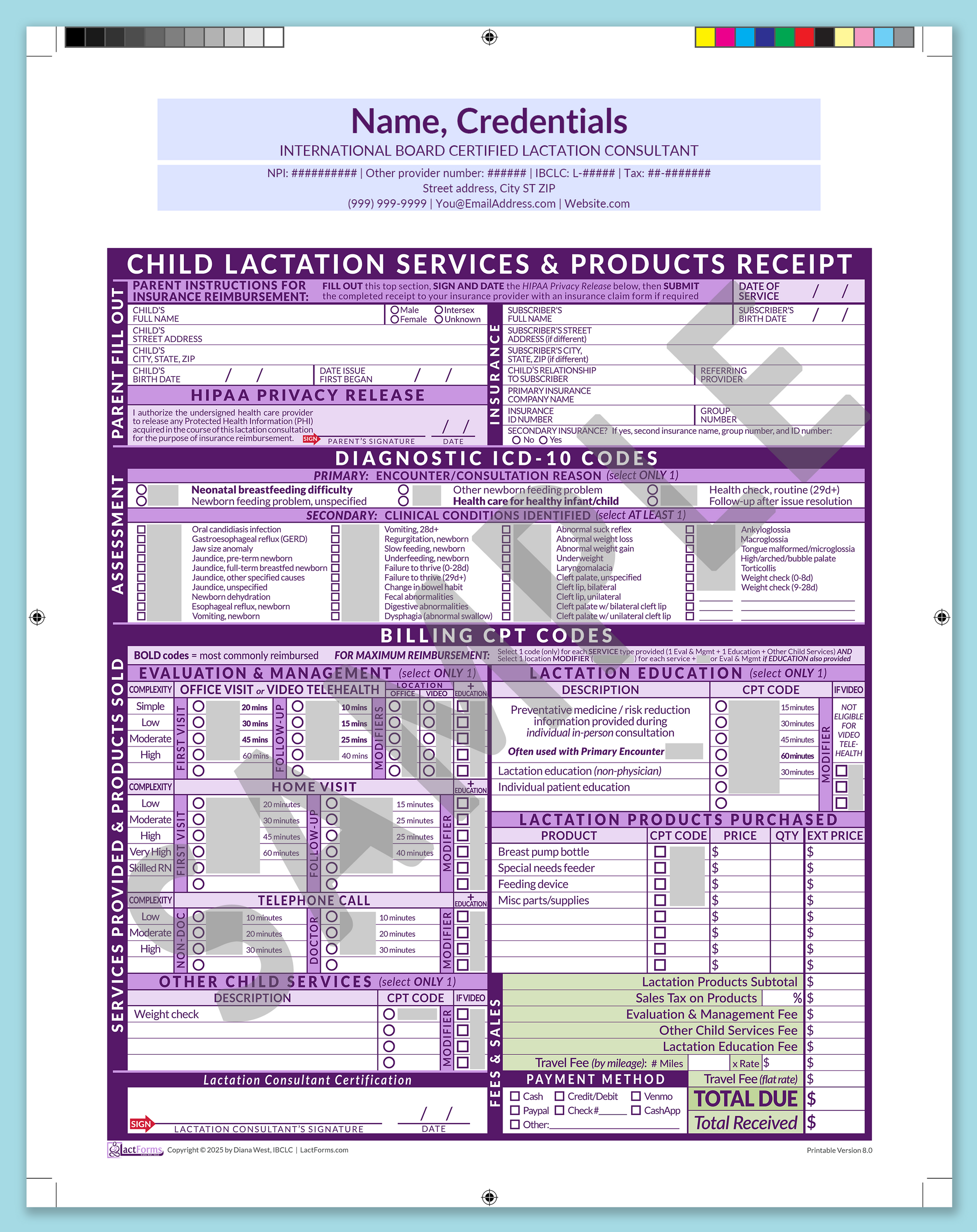 Child Superbill—ProPrintable, HeaderCenter before editing, Purple, V8.0