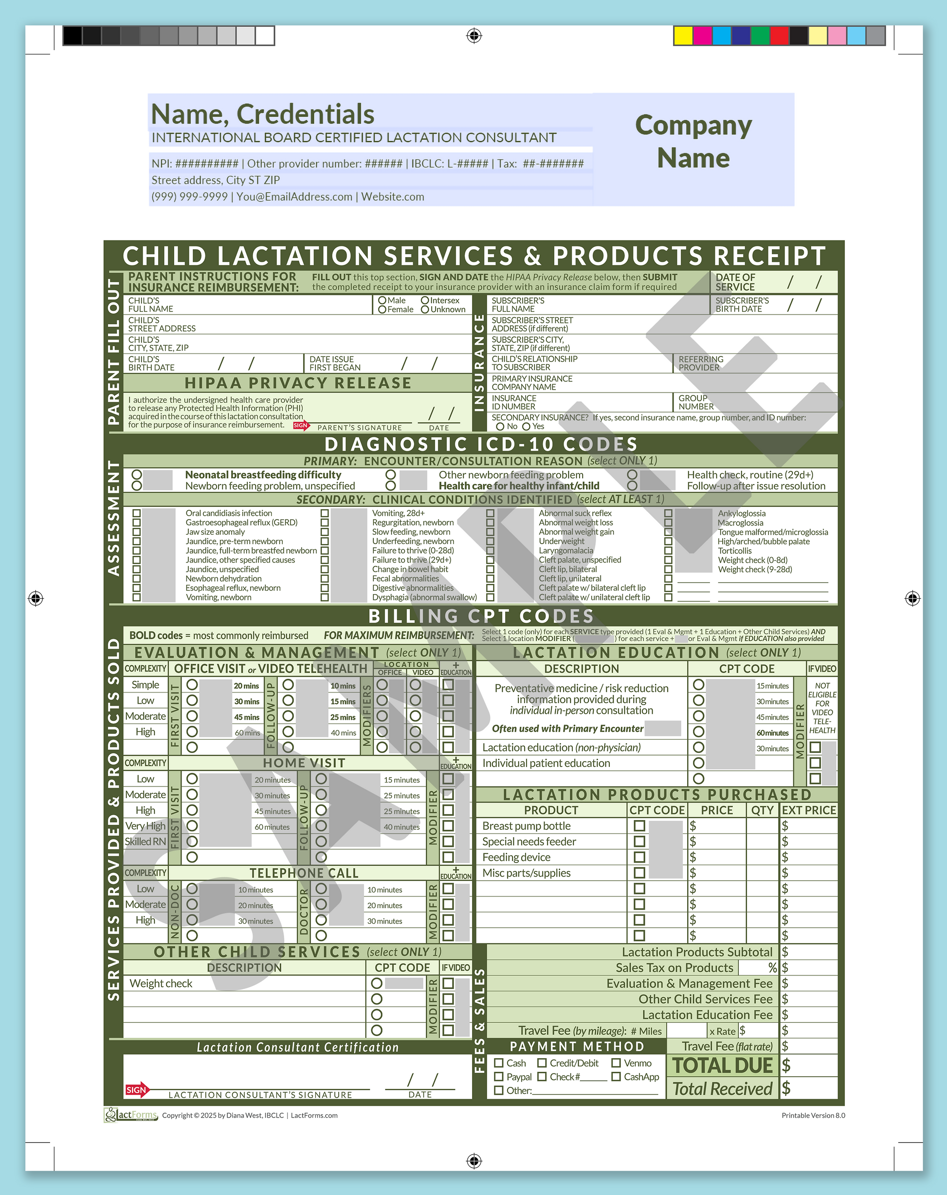 Child Superbill—ProPrintable, HeaderCompany before editing, Green, V8.0