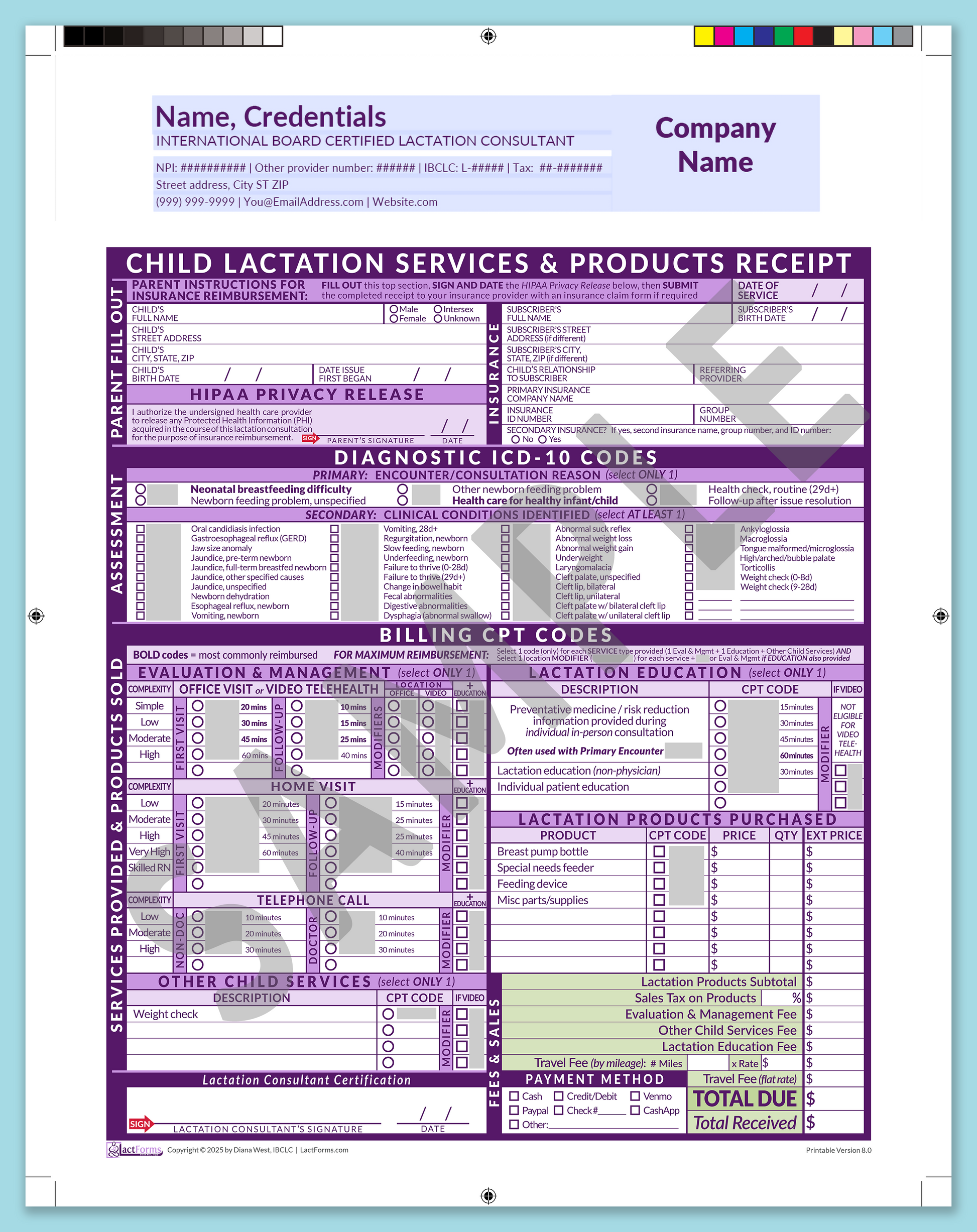 Child Superbill—ProPrintable, HeaderCompany before editing, Purple, V8.0