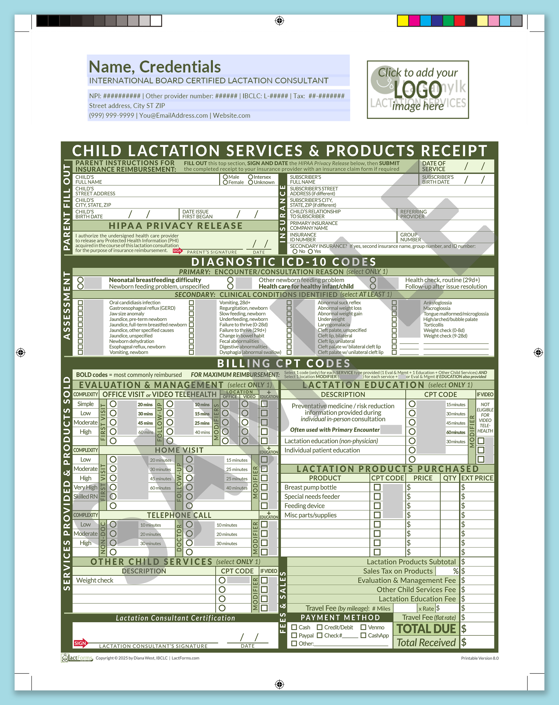 Child Superbill—ProPrintable, HeaderLogo before editing, Green, V8.0