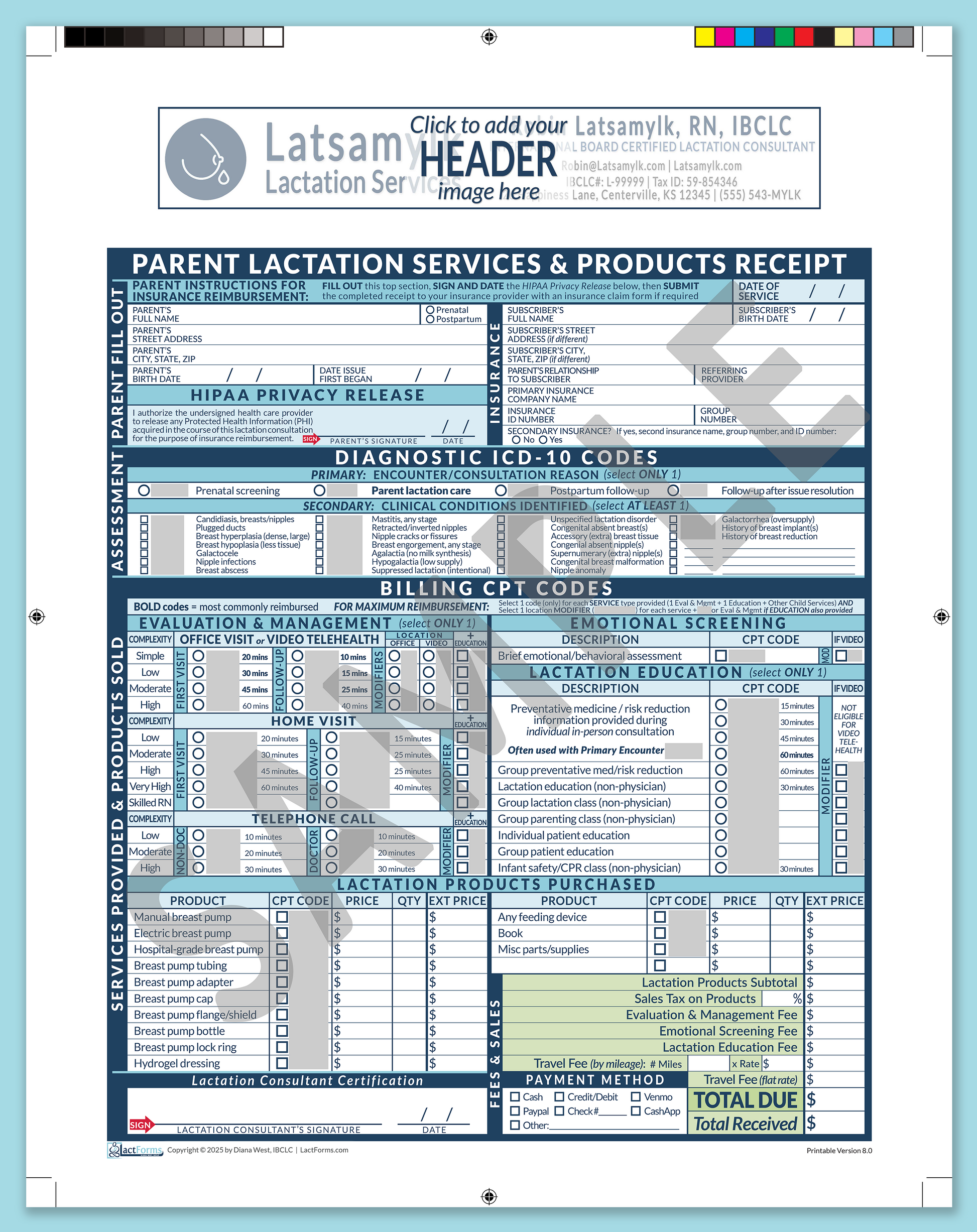 Parent Superbill—ProPrintable, HeaderBox before editing, Blue, V8.0