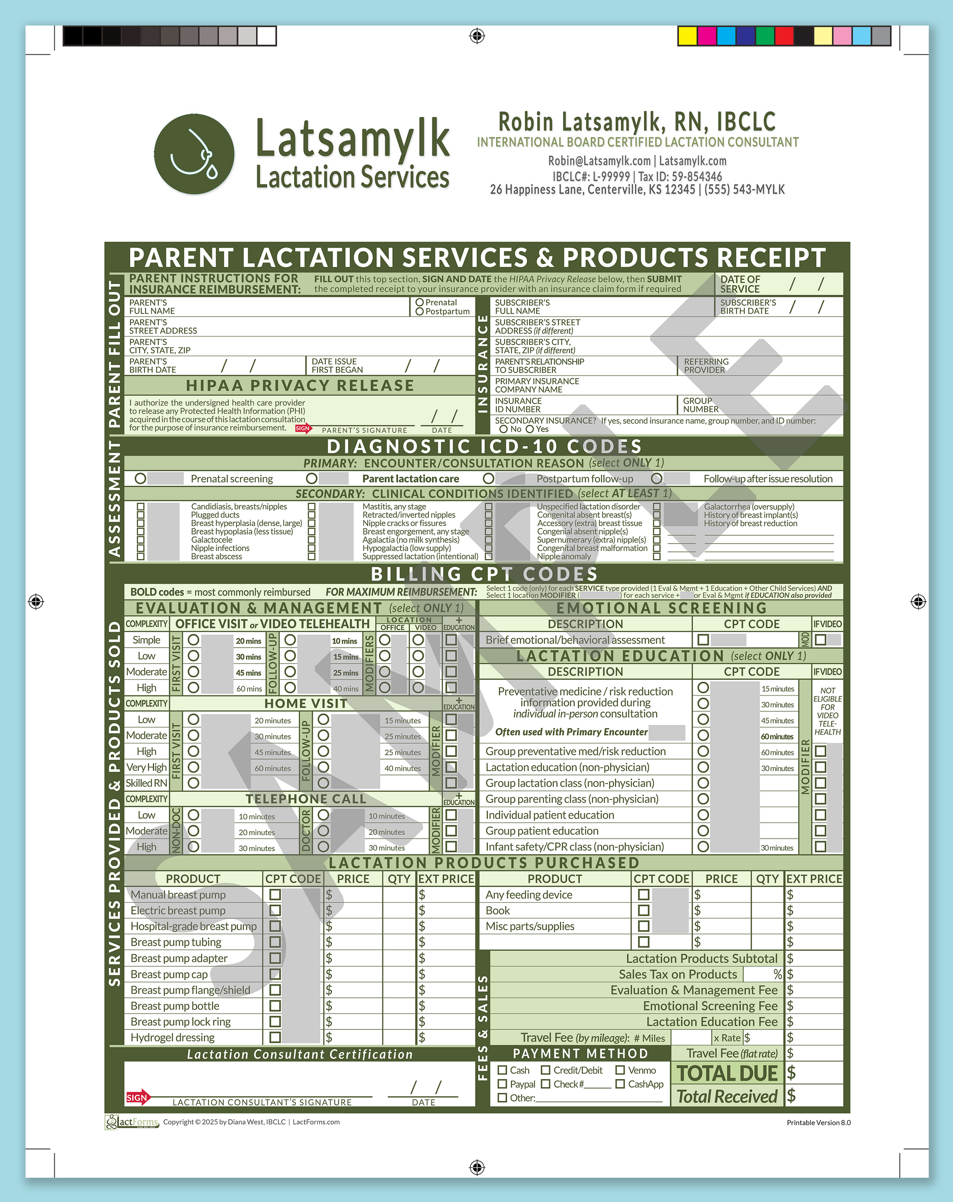Parent Superbill—ProPrintable, HeaderBox after editing, Green, V8.0