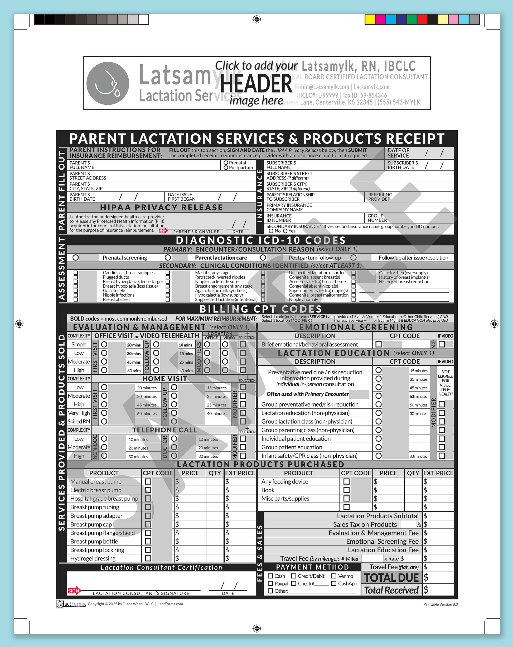 Parent Superbill—ProPrintable, HeaderBox before editing, Grey, V8.0