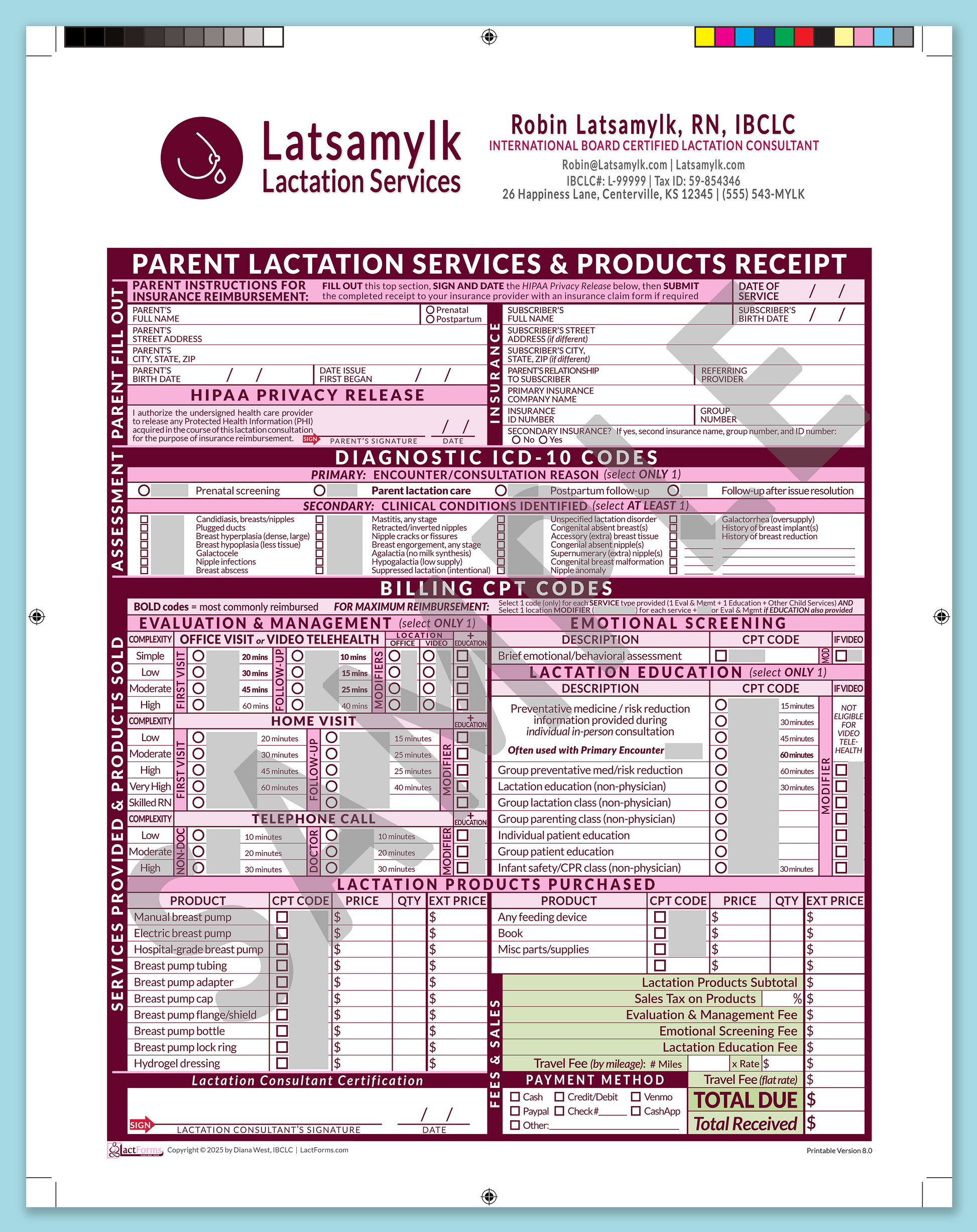 Parent Superbill—ProPrintable, HeaderBox after editing, Pink, V8.0