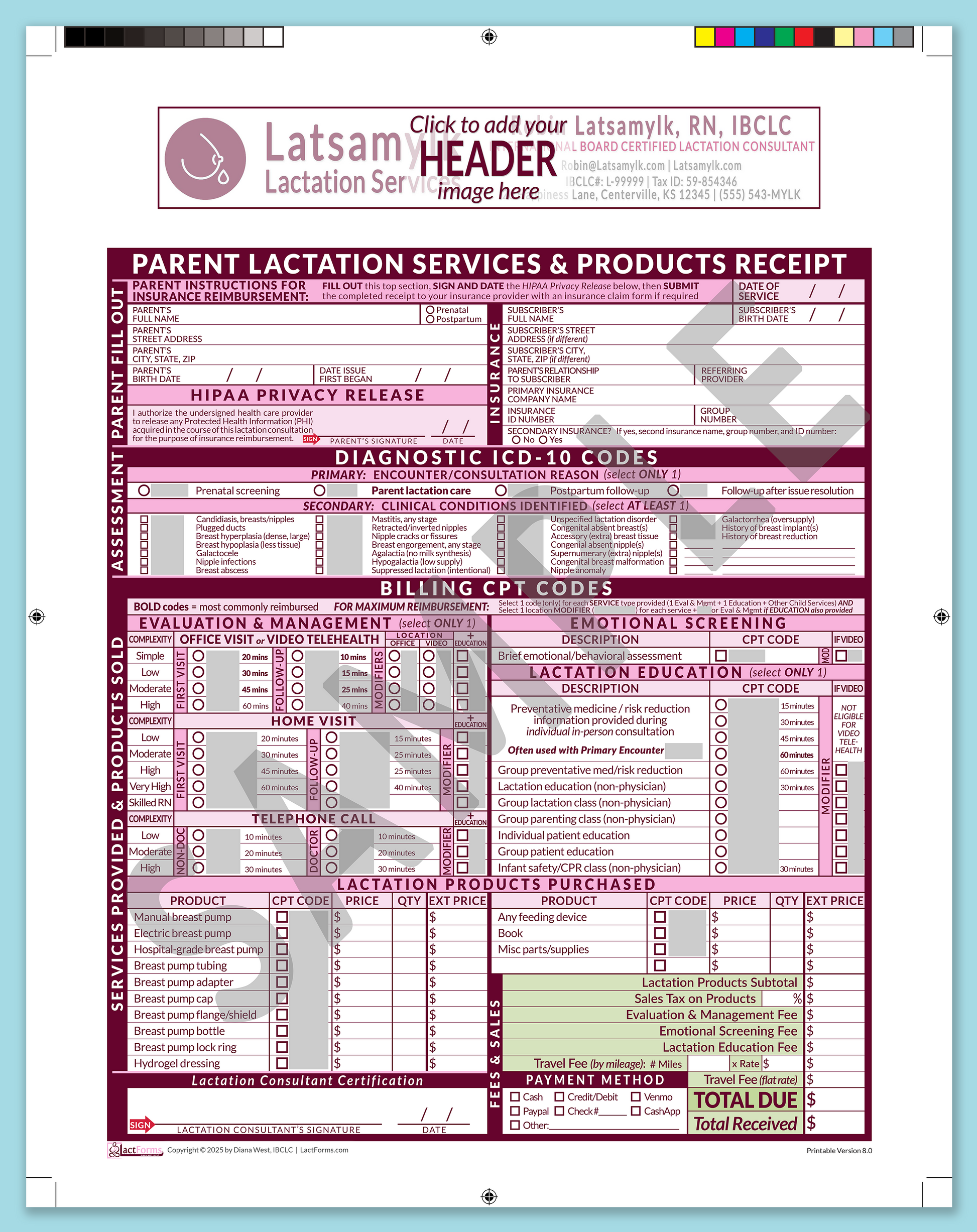 Parent Superbill—ProPrintable, HeaderBox before editing, Pink, V8.0