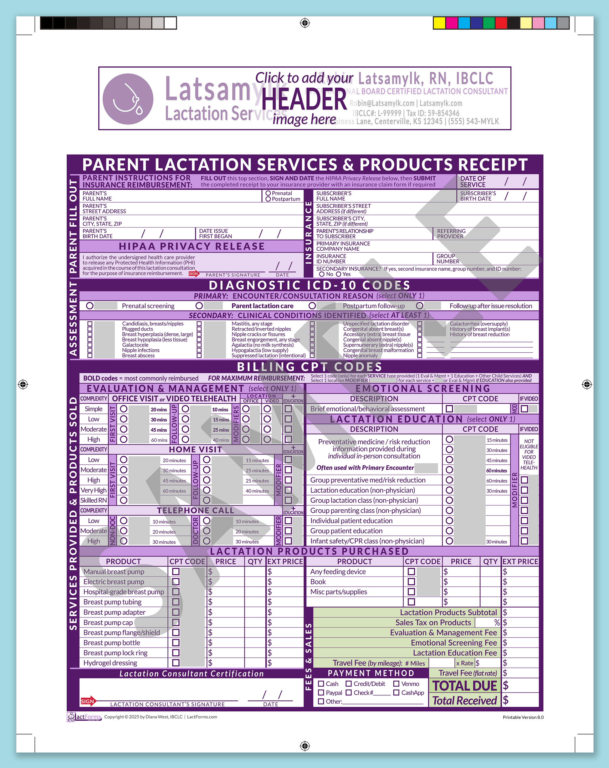 Parent Superbill—ProPrintable, HeaderBox before editing, Pink, V8.0