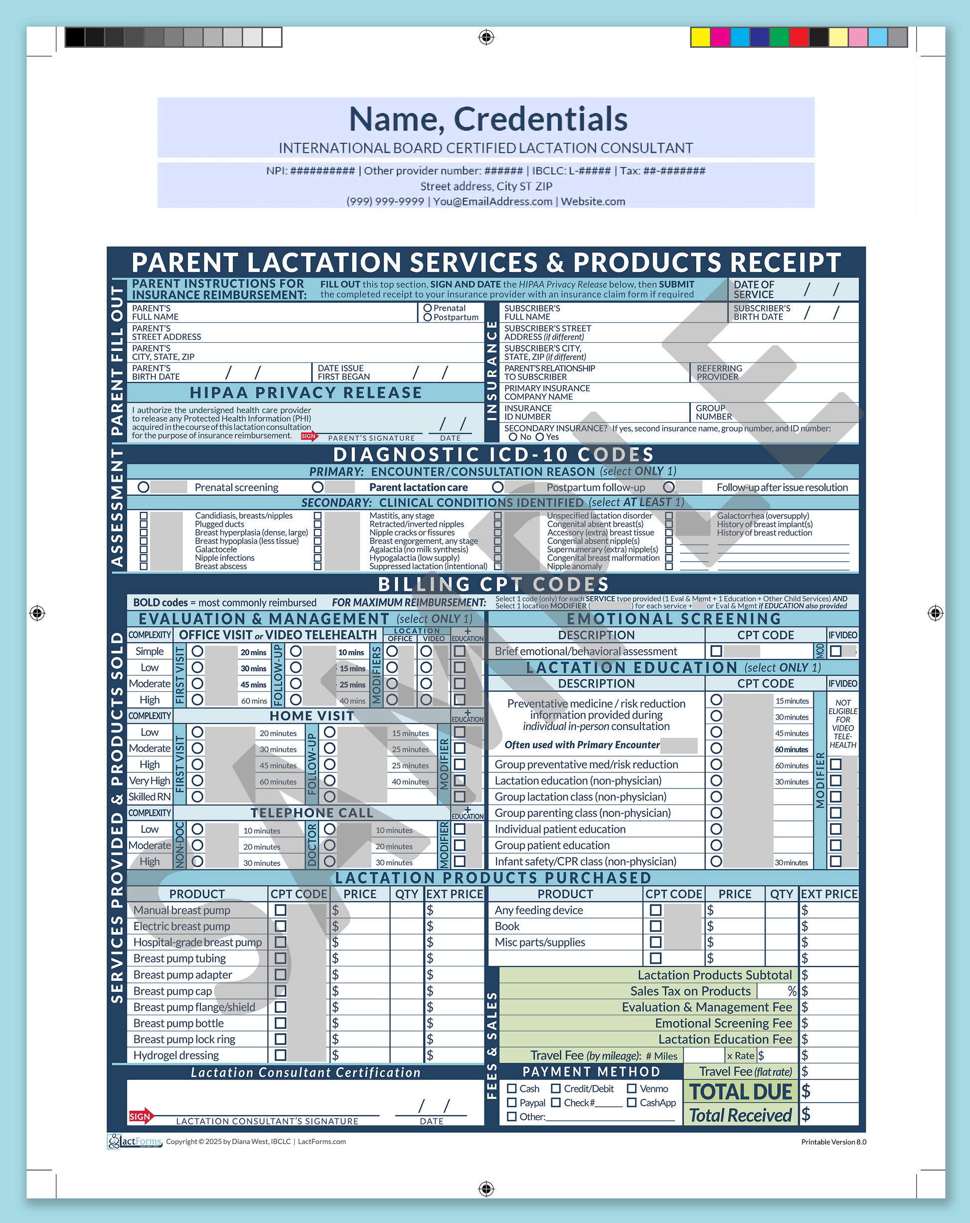 Parent Superbill—ProPrintable, HeaderCenter before editing, Blue, V8.0