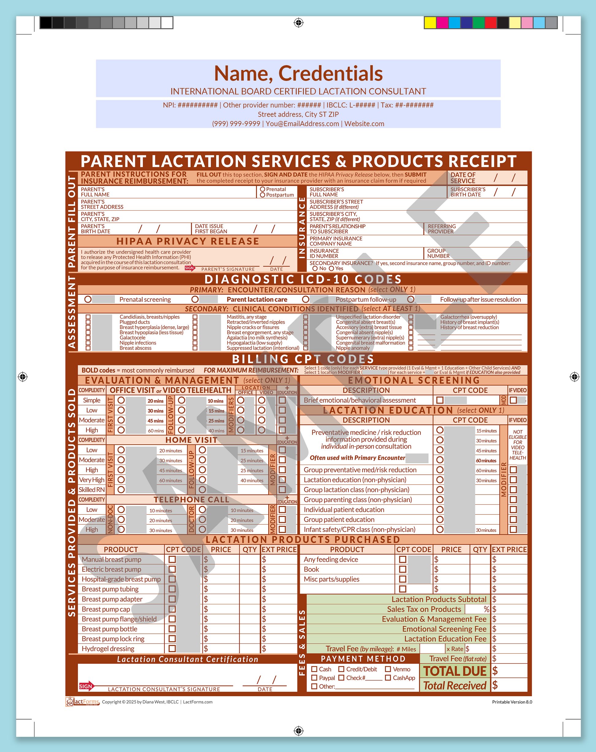 Parent Superbill—ProPrintable, HeaderCenter before editing, Orange, V8.0