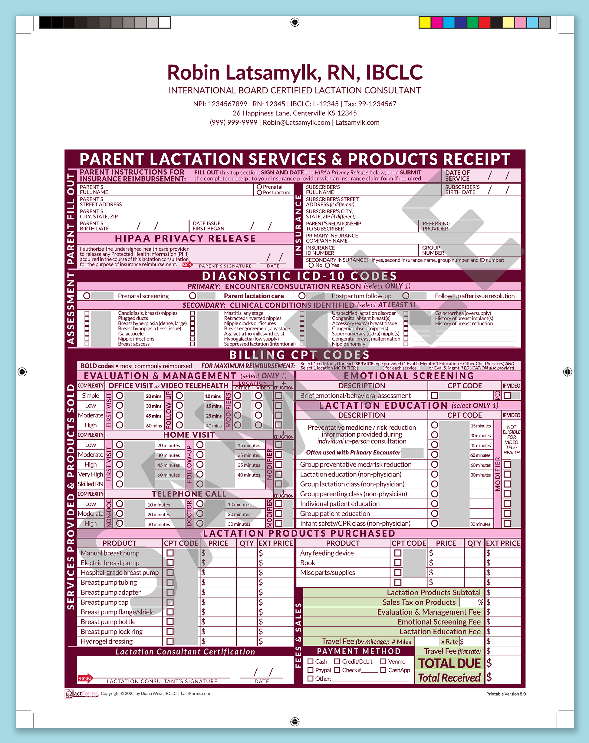 Parent Superbill—ProPrintable, HeaderCenter after editing, Pink, V8.0