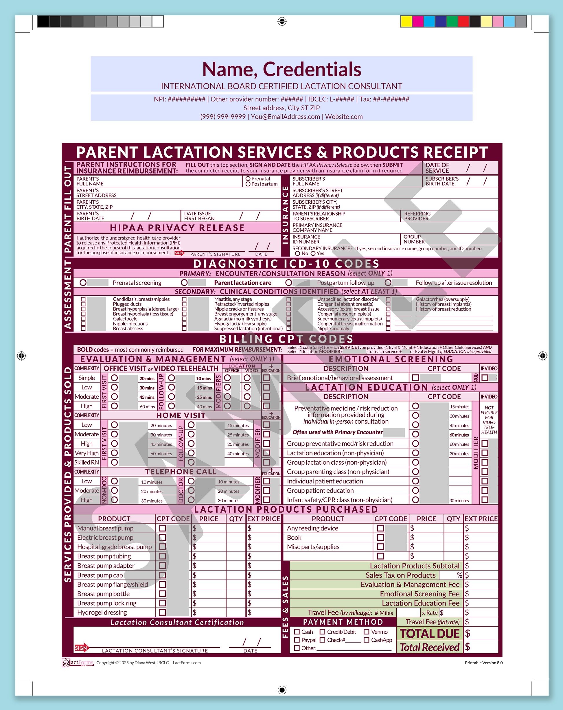 Parent Superbill—ProPrintable, HeaderCenter before editing, Pink, V8.0