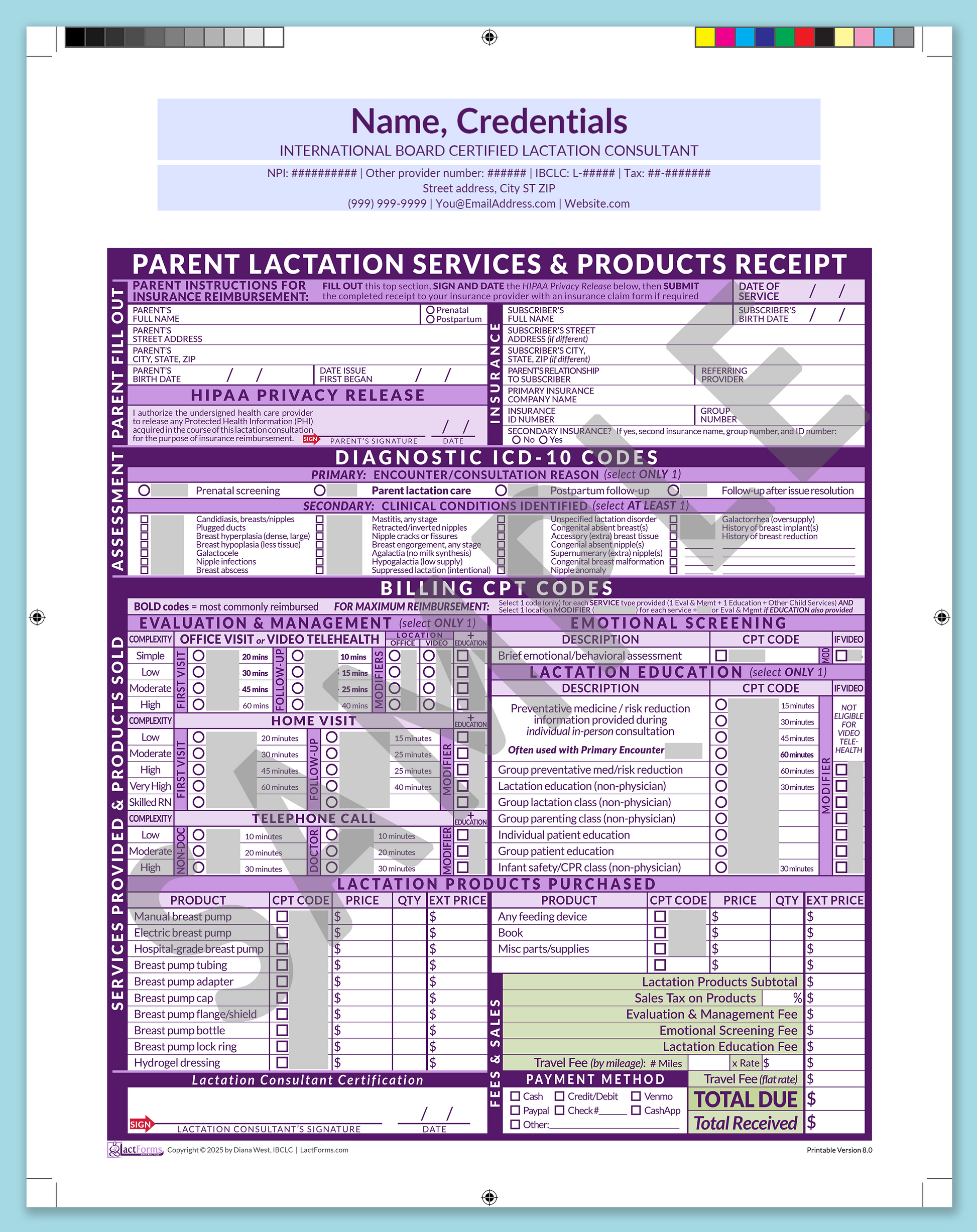 Parent Superbill—ProPrintable, HeaderCenter before editing, Purple, V8.0