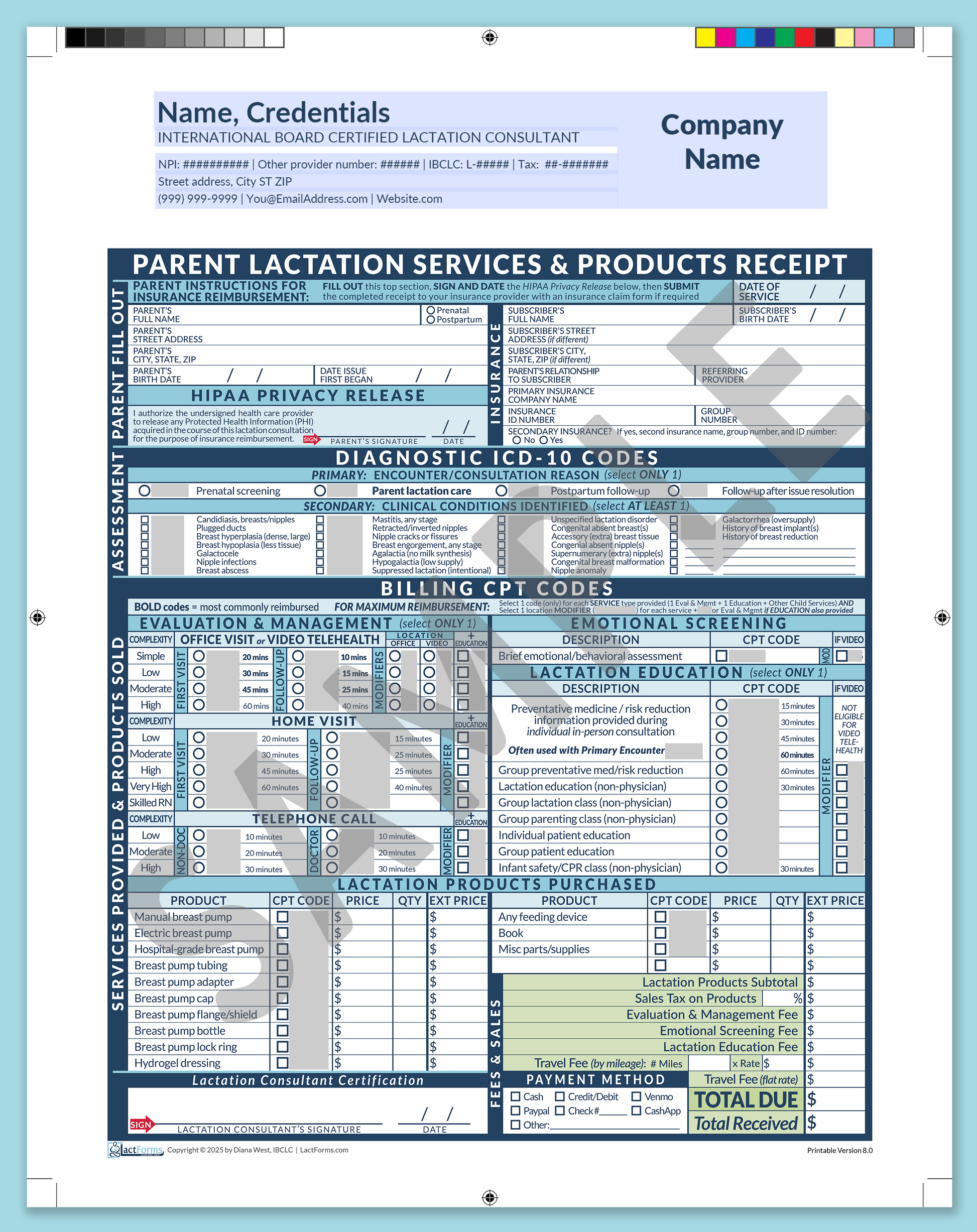 Parent Superbill—ProPrintable, HeaderCompany before editing, Blue, V8.0